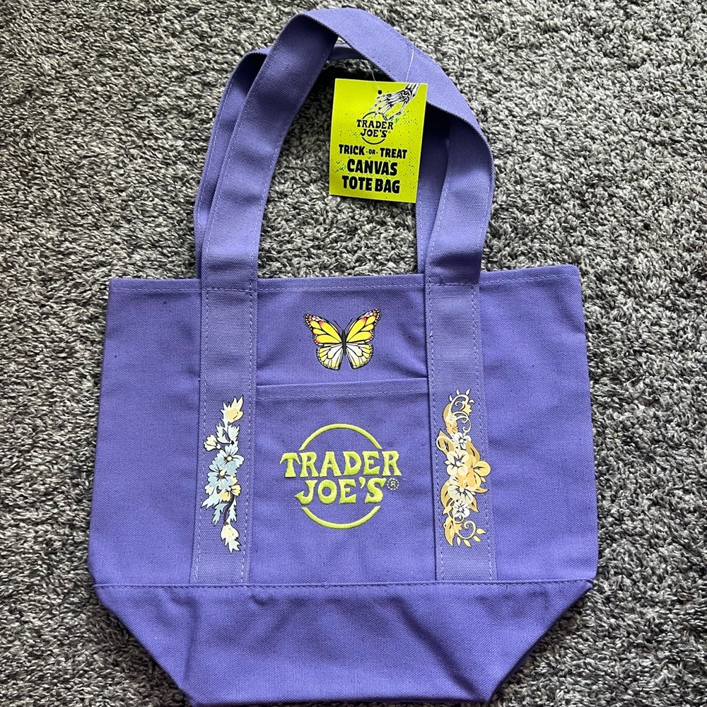 Customized Trader Joe's Purple Mini Canvas Tote with Butterfly Design